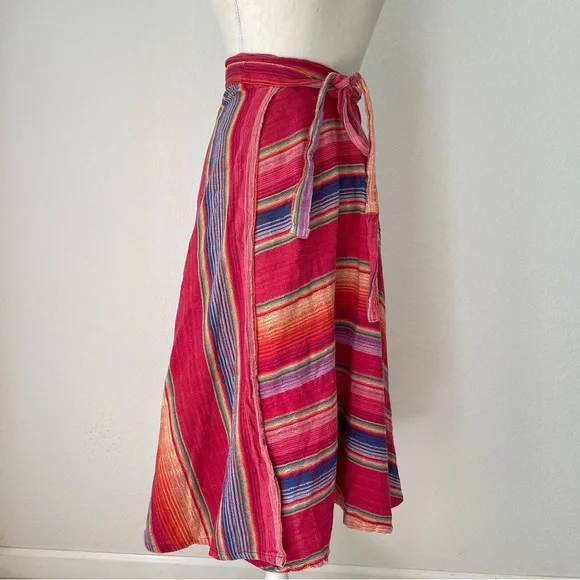 VINTAGE SARAPE COTTON WRAP SKIRT RAINBOW MULTICOLOR STRIPED MIDI - Picture 5 of 13
